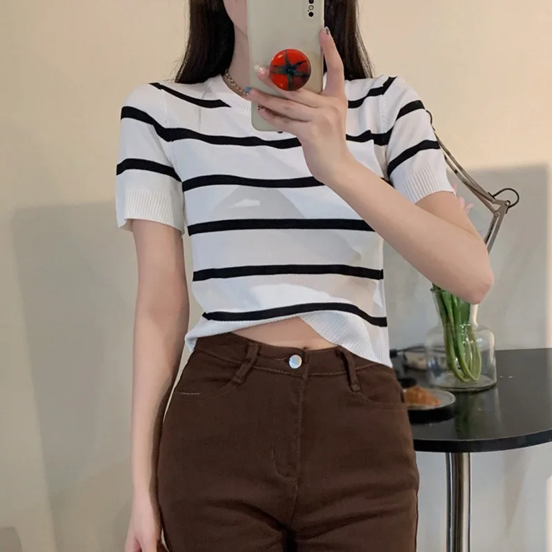 Zomer Casual Mode Gestreepte Bedrukking T-shirt Dames Korte Mouw Pullover Tops Dames Losse O-hals Tee Vrouwelijke Kleding311_voghion.com