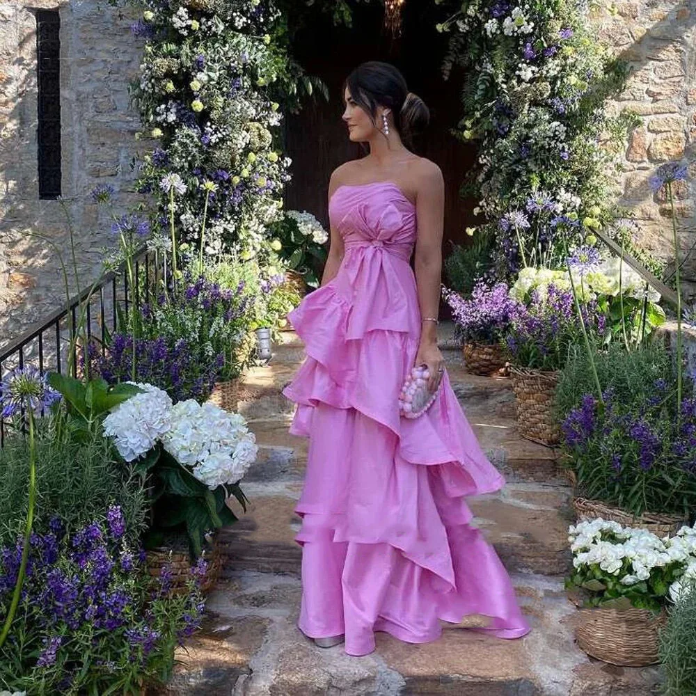 

Pink Strapless Lady A Line Evening Dresses Wedding Guest Taffeta Bow Floor Length Party Prom Dress Robe de soireeML-029