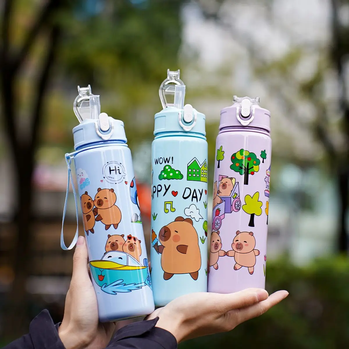 Capybara Large Capacity School Kids Ecofriendly Plastic Water Bottle Cartoon Capybara Children Outdoor Straw Cup Water Bottle Plastic Water Bottle