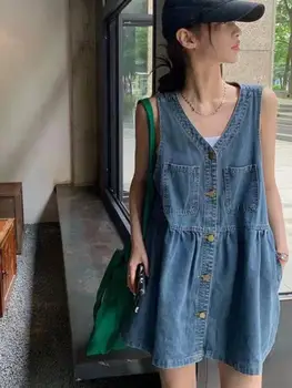 فستان بحزام بدون أكمام المرأة الصيف جيوب واحدة الصدر فساتين من قماش الدنيم امرأة الكورية نمط فضفاض ألف خط فستان قصير 2025 5