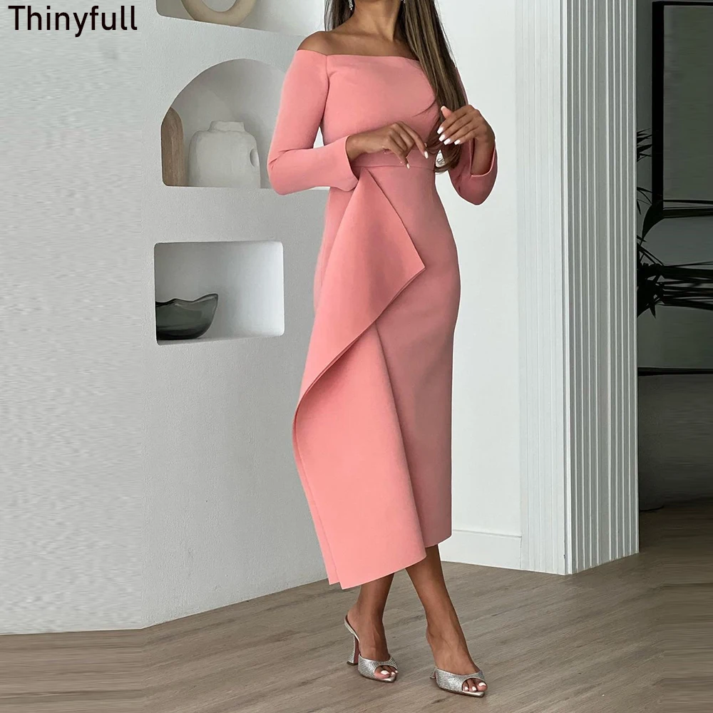 

Thinyfull Mermaid Long Sleeves Prom Dress Off Shoulder Evening Party Dresses 2023 Tea-Length Formal Event Gown Robe De Soirée