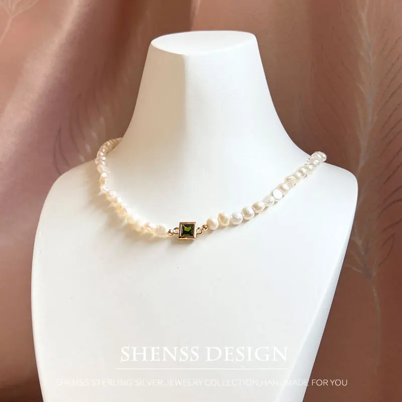 Temperament Design Natura 5-6mml Baroque Pearl Necklace Customized Jewelry for Women's Green Zircon