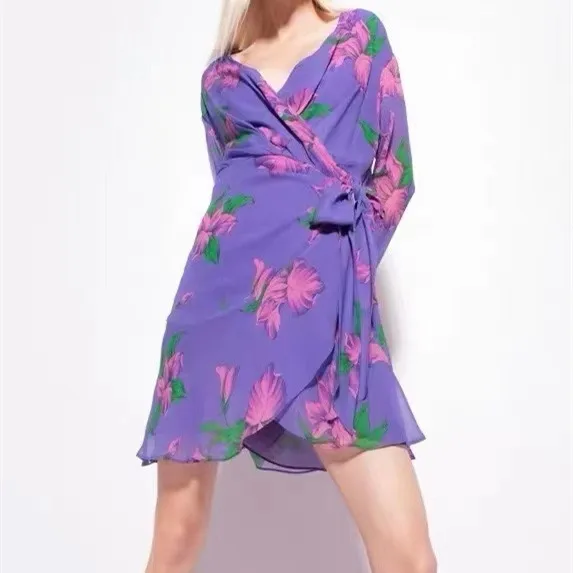 

100% Silk Flower Printed Women V-Neck Wrapping Waist Mini Dress