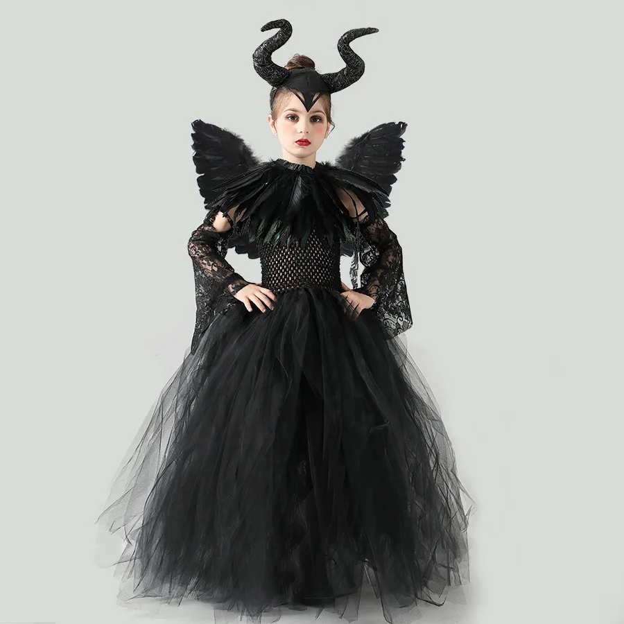 thumbnail image 2 of Disfraz de Halloween 2024, vestido de bruja negra con tutú de Maléfica para niñas, vestido de princesa de malla negra de Reina Malvada para niños, nuevo vestido, 2 of 5