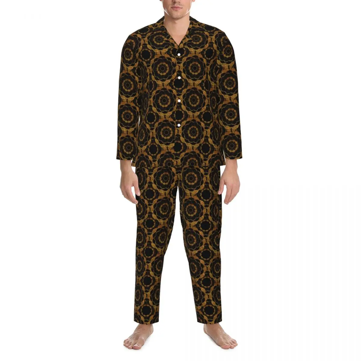 

Retro Mandala Pajama Set Spring Gold Floral Print Lovely Sleep Sleepwear Men 2 Pieces Casual Oversized Home Suit Birthday Gift