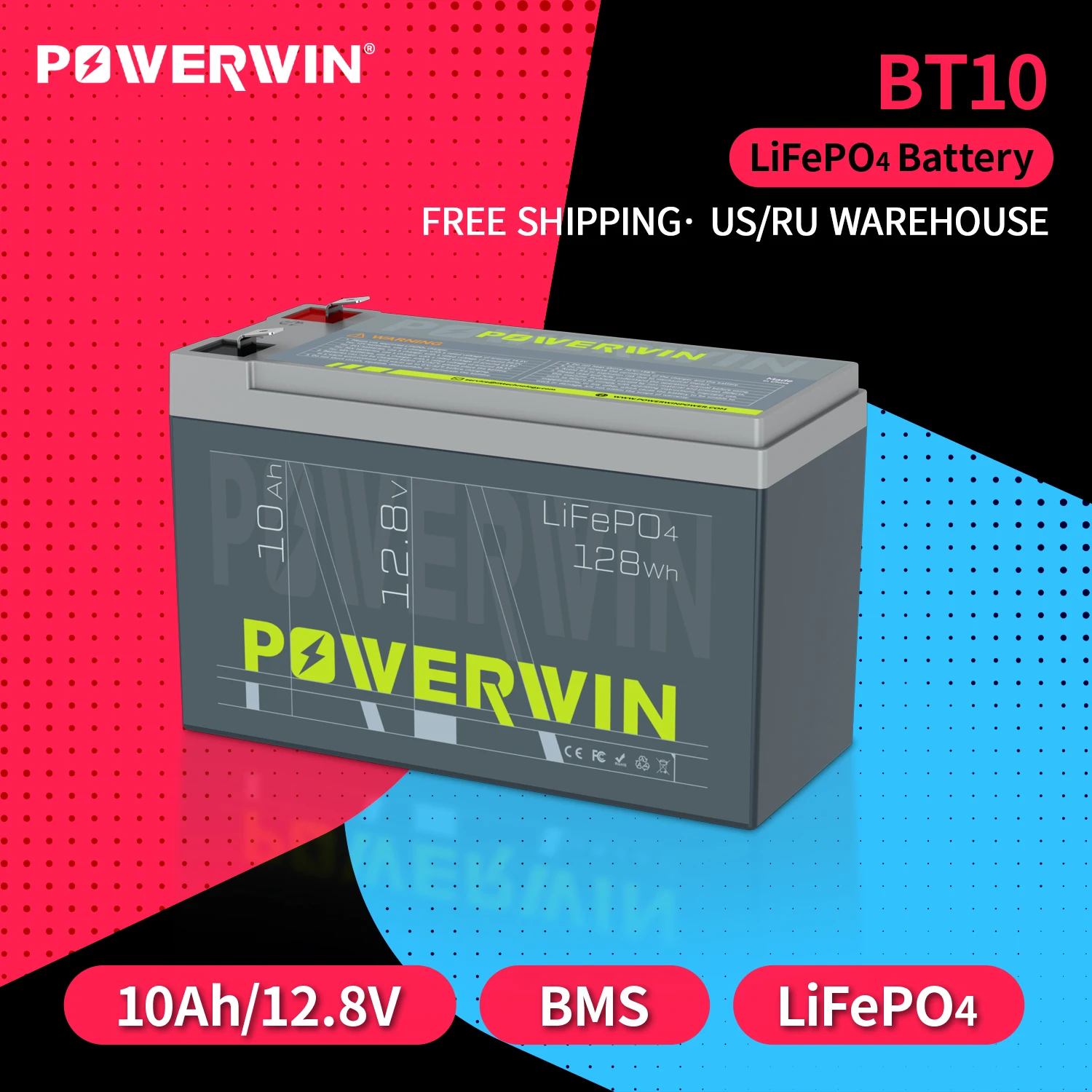 Powerwin 12.8v 10ah Bt10 128wh Lifepo4 Bateria Embutida Bms Energia Recarregável Brinquedo Elétrico 4000 Mais Ciclo Profundo Ups Fora da Rede Solar