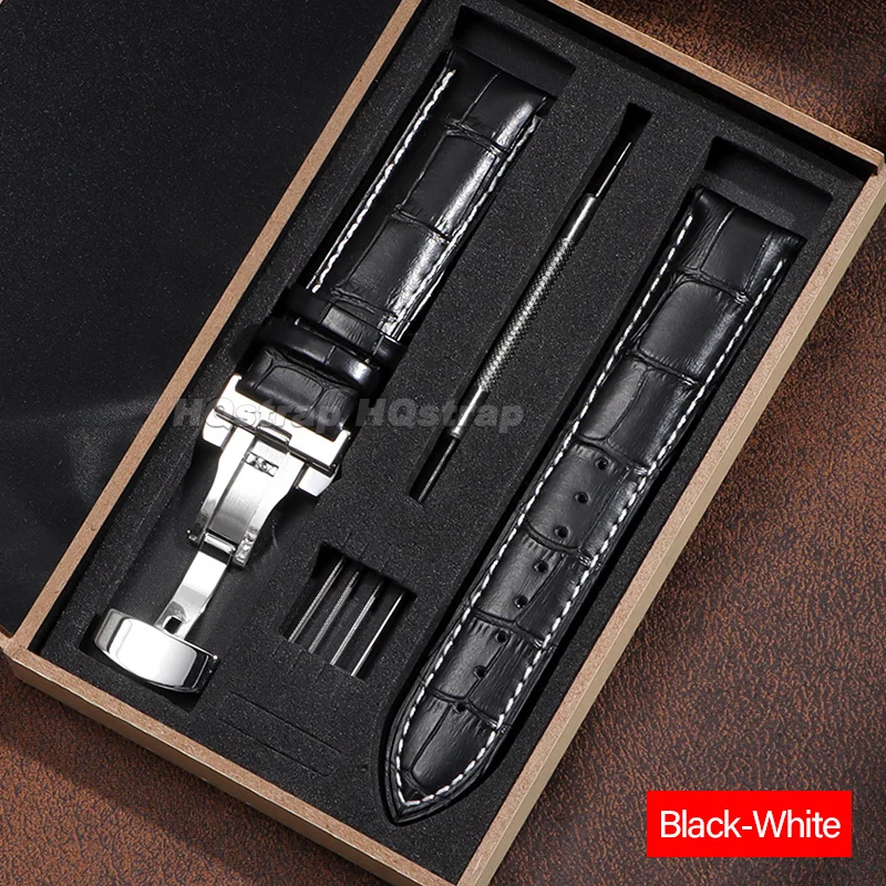 Luxury Leather Watch Strap Set with Butterfly Buckle and Installation Tools in Wooden Box