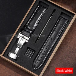 Luxury Leather Watch Strap Set with Butterfly Buckle and Installation Tools in Wooden Box - 22mm (Black - White)