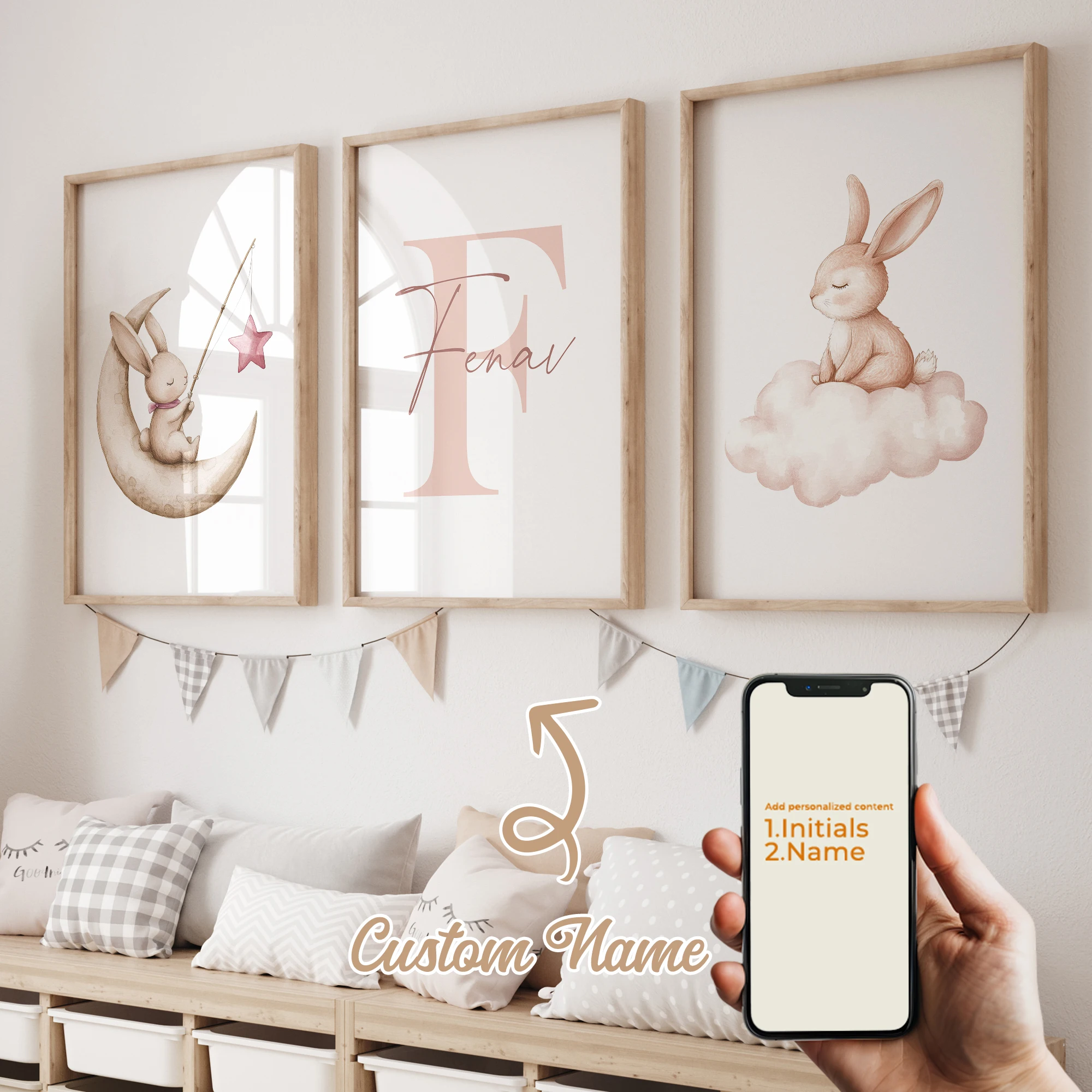 3pcs Personalized Custom Name Cartoon pink rabbit Wall Art Print Picture Canvas Poster Painting For Living Child Room Home Decor 3