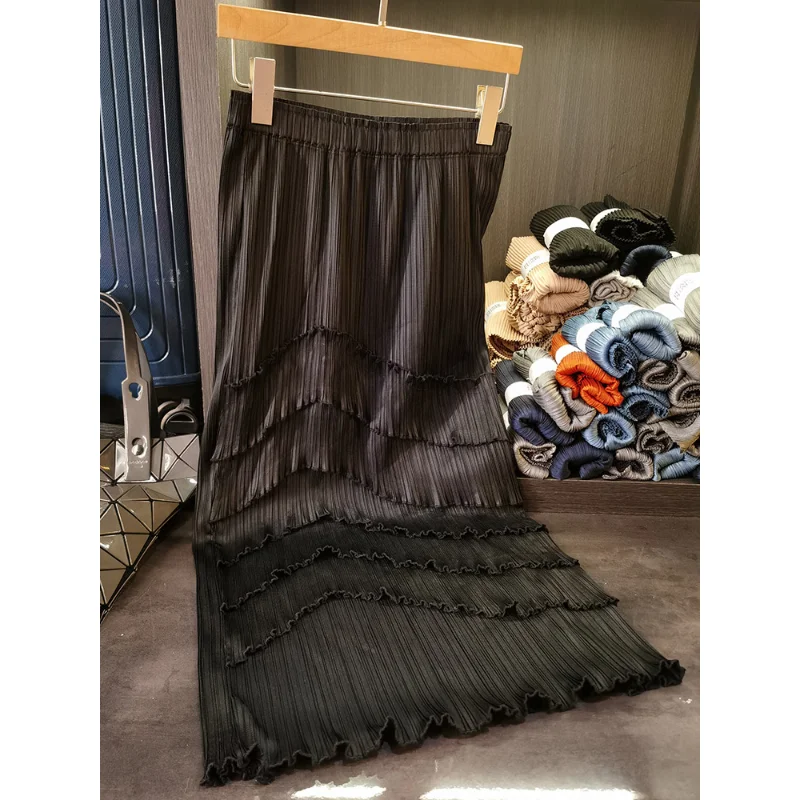 

Summer New 2023 Miyake Wooden Ear Edge Splicing Pleated Half-body Skirt Hundred with Thin A-line Skirt Female Women Clothing