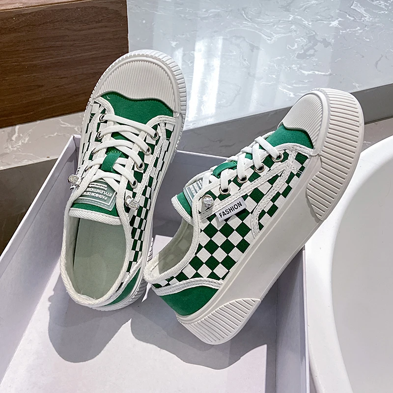 

New Arrival Women Casual Skateboard Canvas Shoes Checkered Design Platform Sneakers Size 35-40
