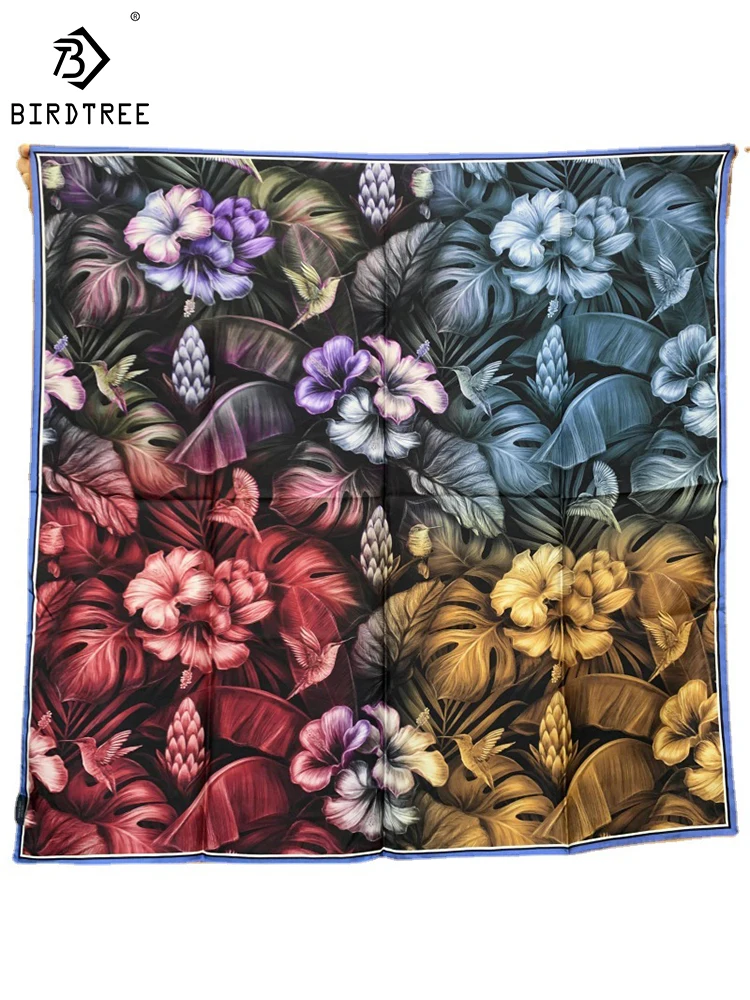 Birdtree 18MM 100%Real Silk Scarf Double-sided Print Hand Crimping Comfortable Mom's Gift Commute Silk Scarf Spring A41416QD