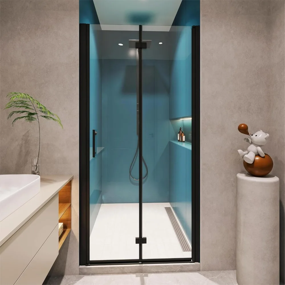32" W x 72" H Double Fold Glass Shower Door, 1/4" Folding Clear Glass Shower Panel Pivot Swing Frameless Shower Door 3