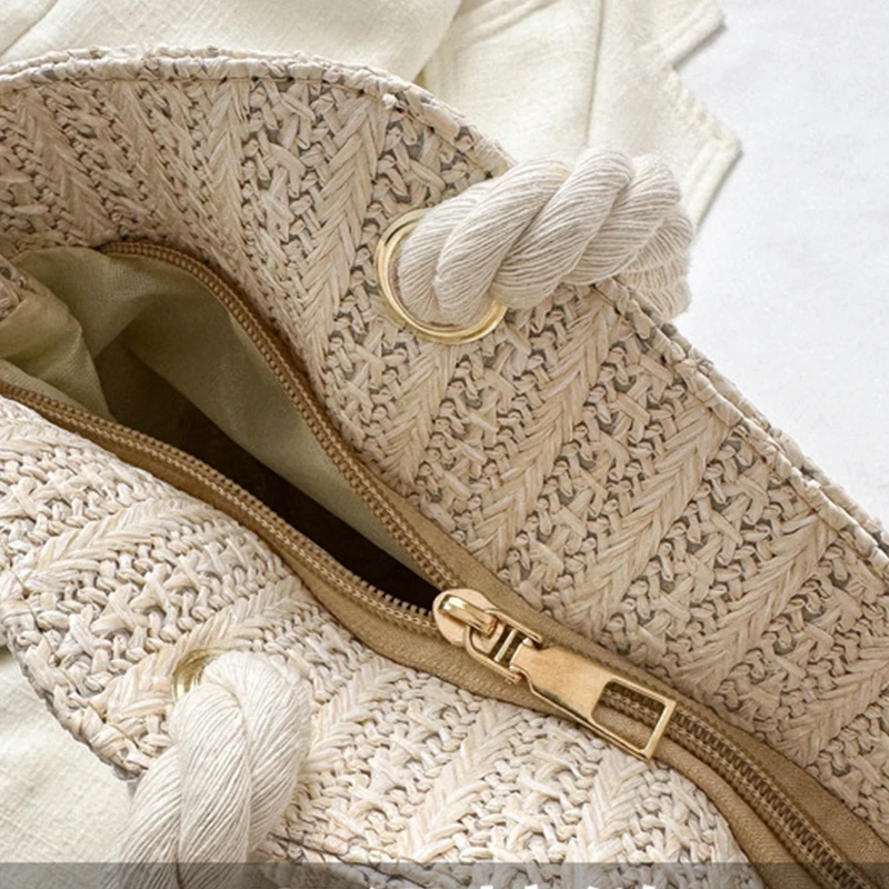 Luxury Design Women Raffia Straw Bag Large Capacity Knitted Tote Handbag Summer Beach Vacation Bohemian Shoulder Bag for Female