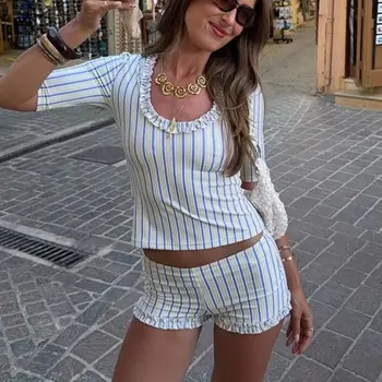Women Y2K Shorts Set Frill Trim Short Sleeve U Neck T-shirt + Elastic Waist Shorts Vintage Stripes Slim Fit Summer Matching Suit 1