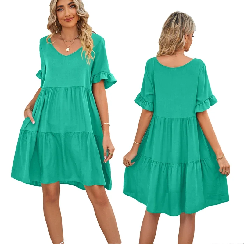 

Luxury Short Women Dress Loose Butterfly Sleeves V Neck 3 Folds Flared Female Clothing Cotton Elegant Summer Midi Dresses Lady