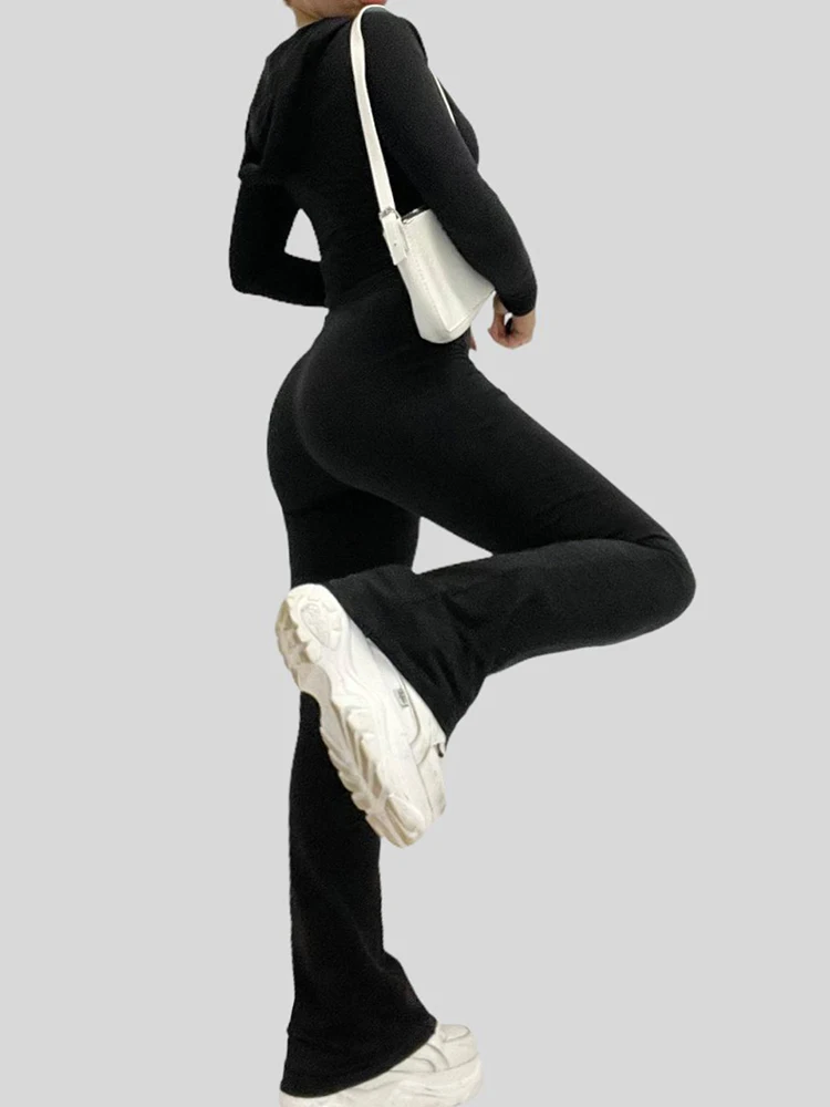 IAMSURE Sporty Activewear Basic Solid Jumpsuits Slim Hooded V-Neck Zipper Long Sleeve Rompers Women 2023 Autumn Winter Fashion