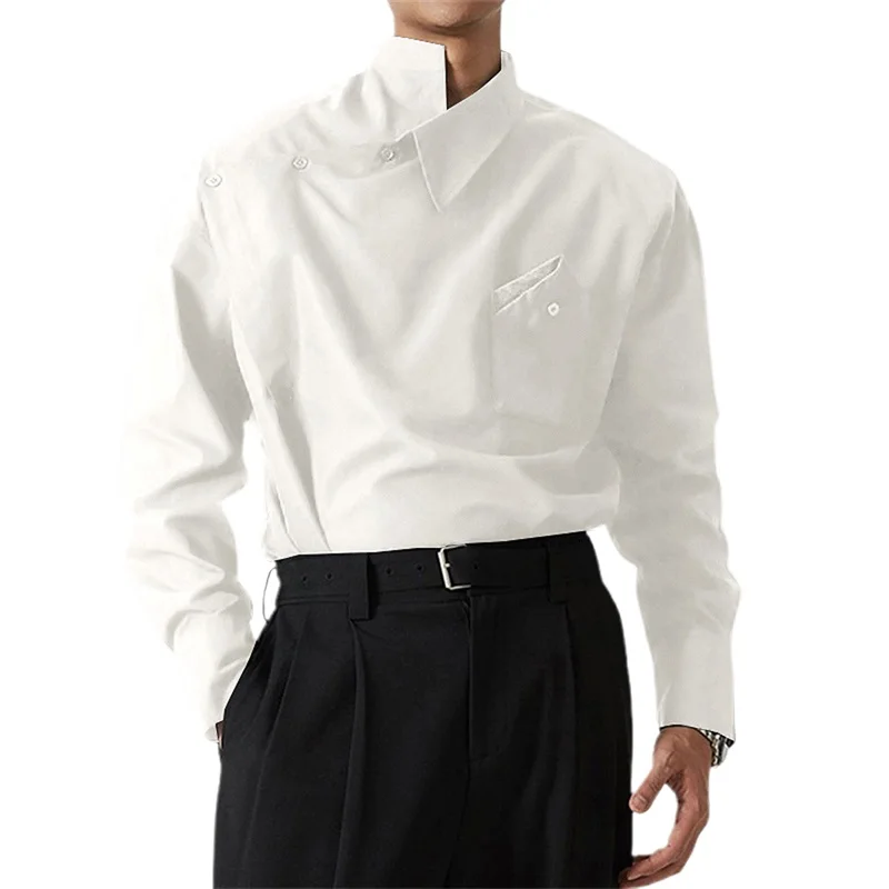 Men s Fashionable Spring Autumn Long Sleeve Stand Collar Shirt with Unique Oblique Button Design and Solid Color Detail