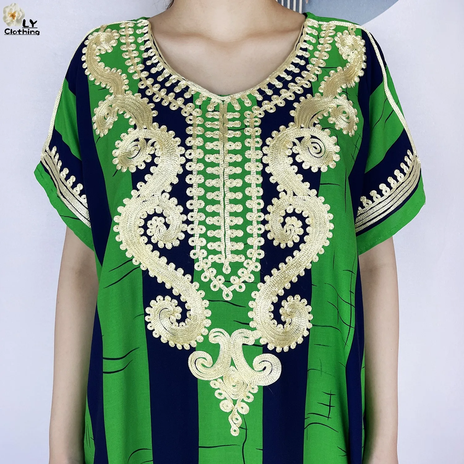 2024 Latest Style African Women Summer Short Sleeve Dubai Kaftan Stripe Printed Cotton Maxi Muslim Femme Loose Abaya Clothing 6