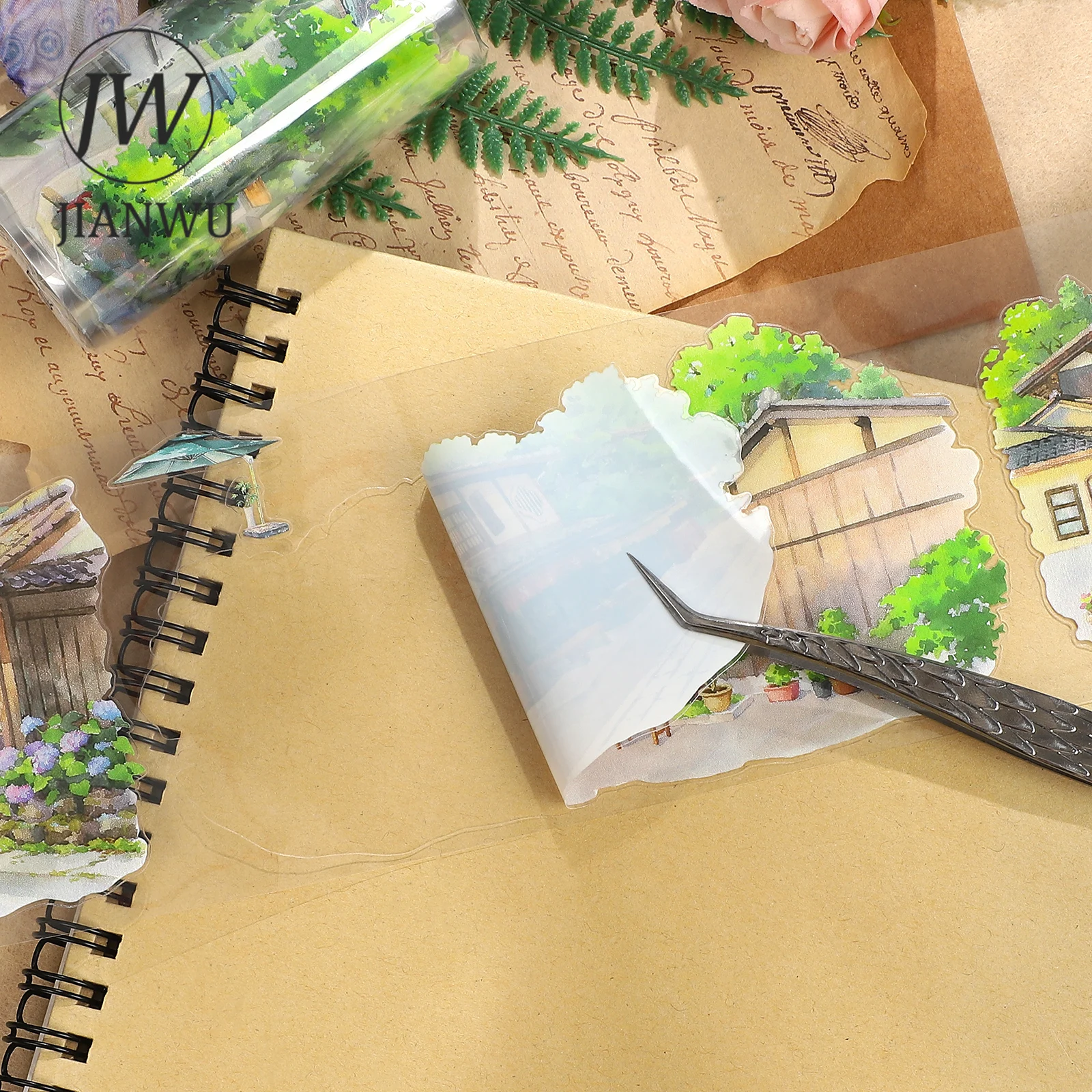 JIANWU 80mm * 5m 빈티지 여름 마을 거리 나무 풍경 재료 콜라주 스크랩북 PET 테이프 크리 에이 티브 DIY 저널 문구