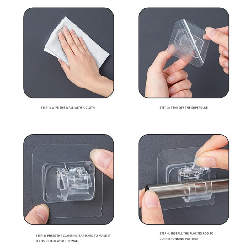 JOZMMZEOOA Ganci per Tende Senza Bucare 4 Pz Supporto per Bastone Tenda Autoadesivo,ABS Ganci Adesivi per-Tende Non Perforazione Staffa Autoadesiva Asta Tende,per-Soggiorno Camera Bagno (Trasparente
