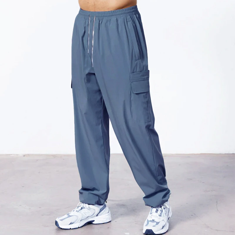 2024 new men's casual slacks Korean version of the trend with pants summer thin drop feeling wide-legged cargo pants 3
