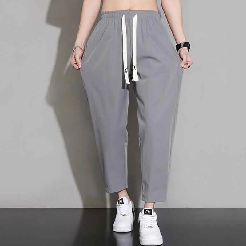 Korean Trend Summer Casual Pants Men Ice Silk Solid Quick Dry Elastic Waist Drawstring Versatile Straight Ankle Length Trousers
