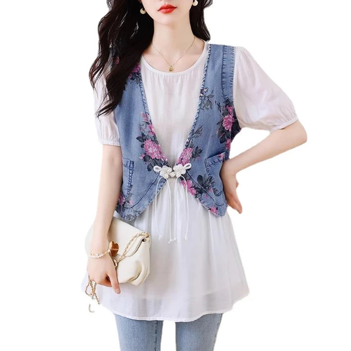 

patchwork denim shirts women summer short sleeve loose tops