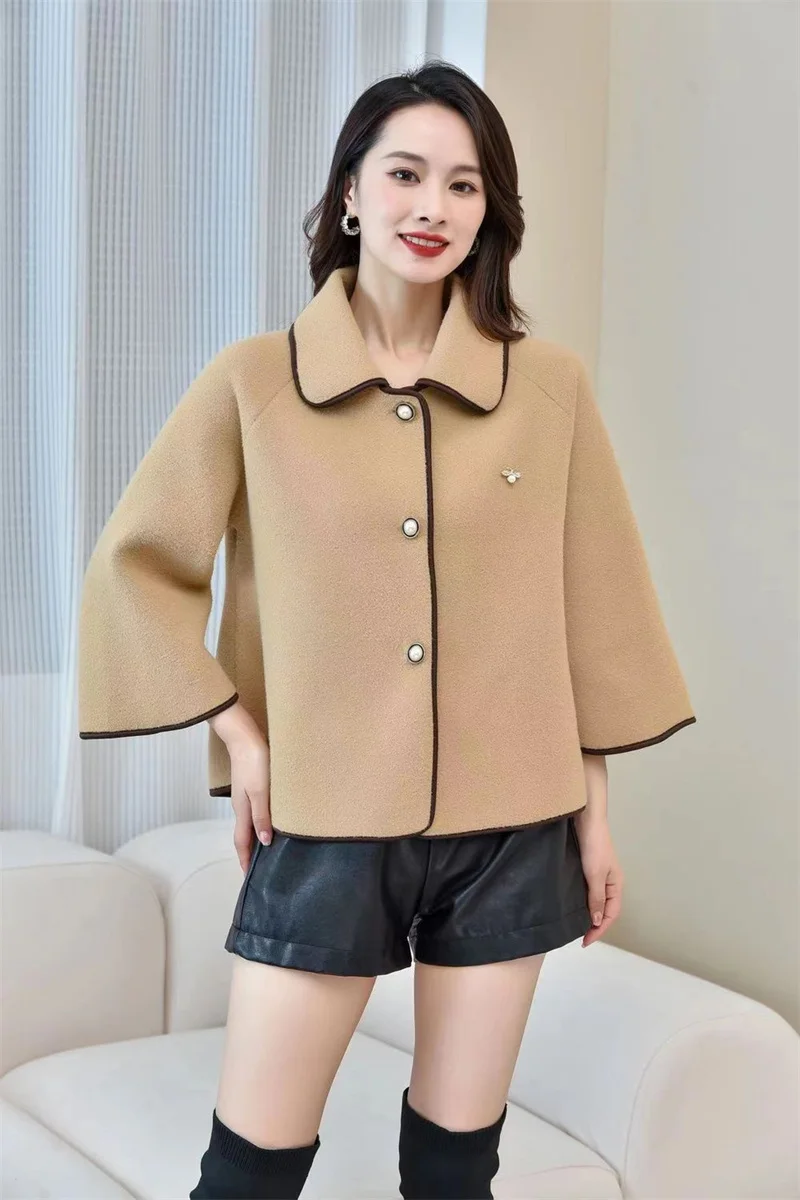 Mom's Fashionable Double-sided Woolen Short Coat 2023 Spring and Autumn New Middle and Old Age High Grade Wide Woolen Coat