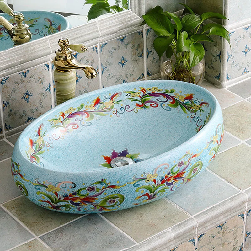 

Flower shape Traditional Chinese Cloakroom Counter Top porcelain wash basin bathroom sinks ceramic art ceramic sink bowls