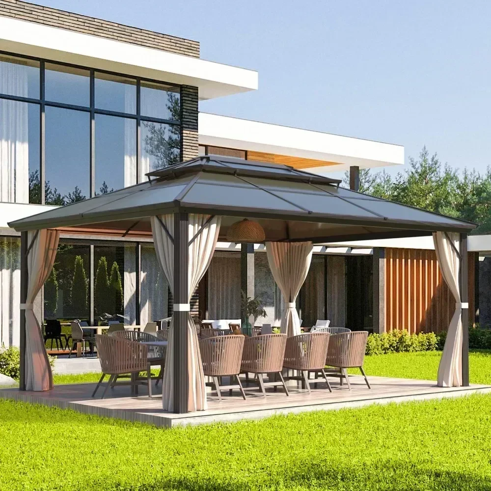Gazebo Polycarbonate Double Roof Canopy Outdoor Aluminum Frame Pergola Permanent Pavilion Netting Curtains