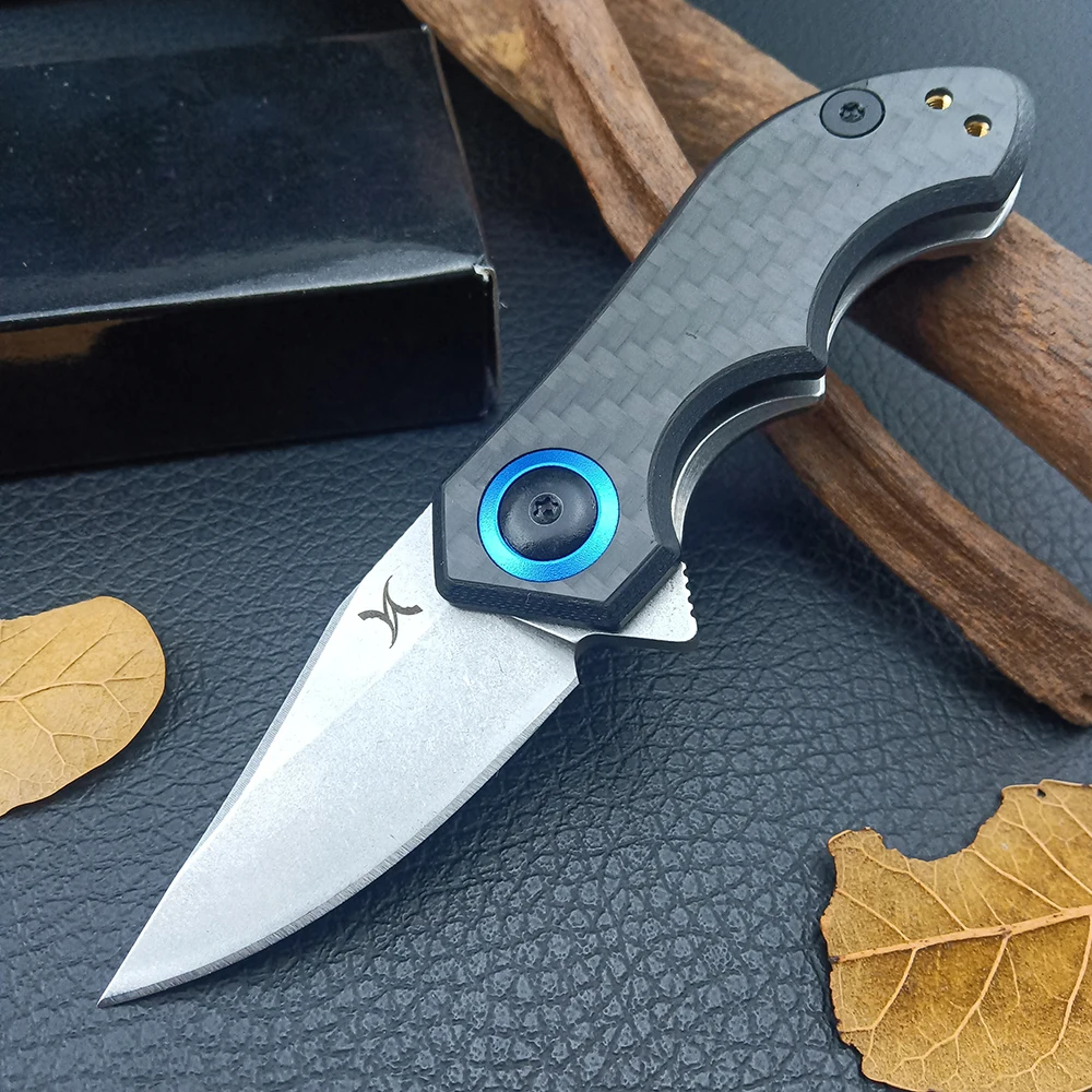 

0022 Small Folding Knife Stonewashed Blade Pocket Survival Tactical Camping EDC Knife Navajas Carbon Fiber Handle Multi Knives