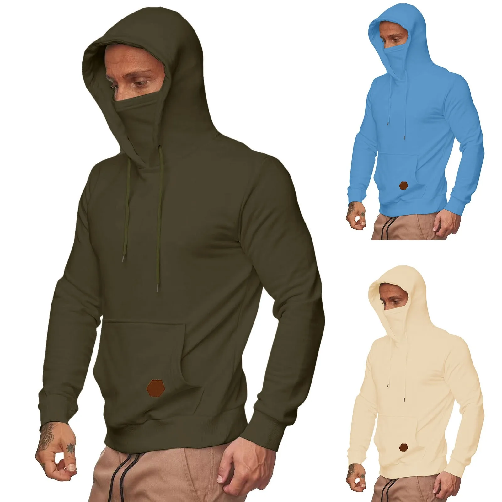 Men'S Fall Winter High Collar Mask Design Hooded Sweatshirt Leisure Solid Color Long Sleeve Splicing Top Pullover Hoodie