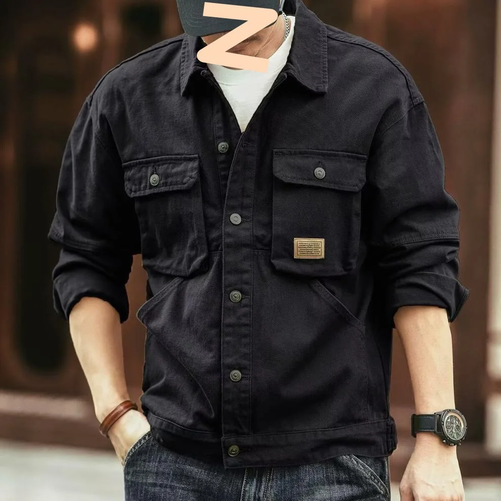 Denim Cargo Jacket - Plus Size Men's Oversize Casual Coat With Turn-Down Collar