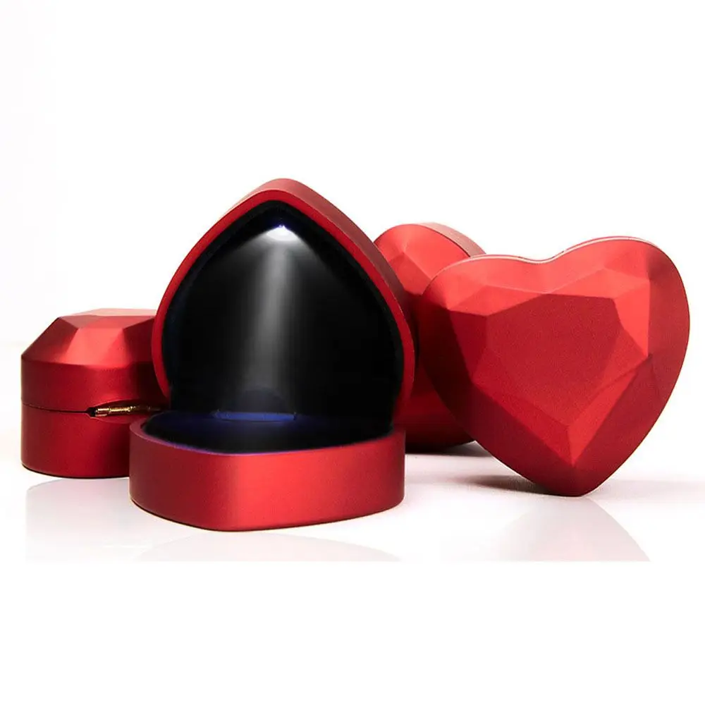 Red 1 PCS Velvet With LED Light Wedding Heart-shaped Organizer Storage Case Ring Box Jewelry Display