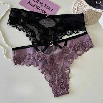 SP&CITY Perizoma sexy con ricamo in pizzo sottile Love Metal Intimo da donna trasparente in morbido cotone con cavallo scava fuori mutandine Tanga 1