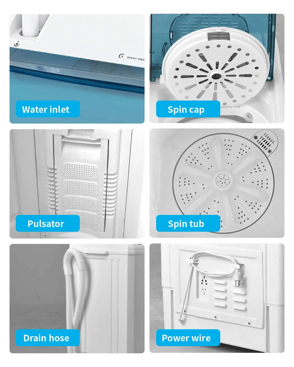Compact Twin Tub Portable Mini Washing Machine 26lbs Capacity Washer(18lbs)&Spiner(8lbs) Built-in Drain Pump Semi-Automatic 6