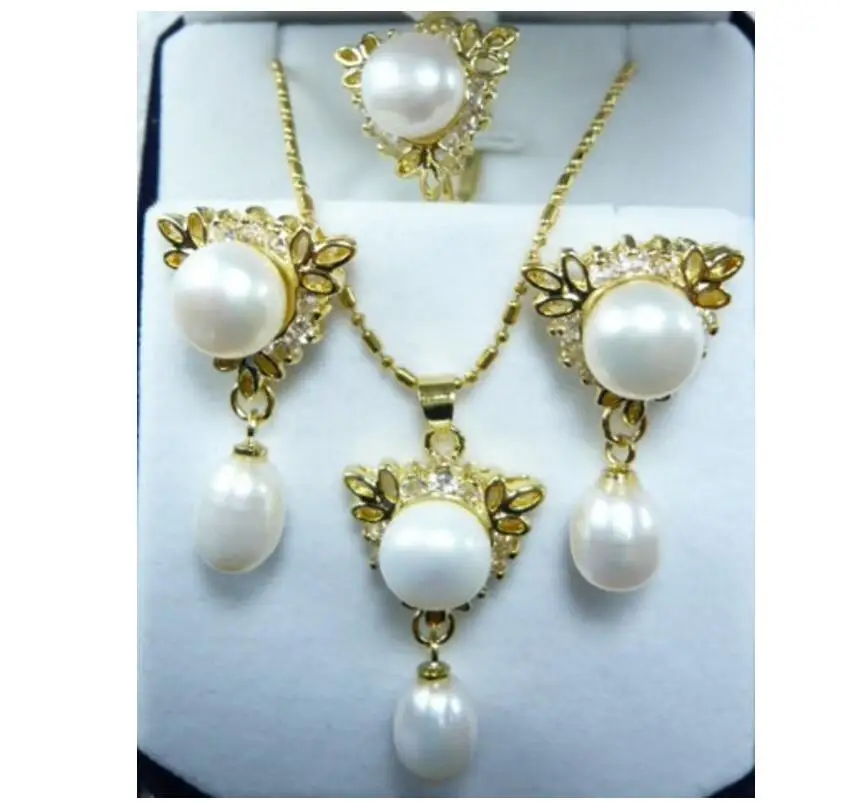 

hot sell new - wholesale noblest 12mm white shell pearl 18kgp pendant earring and ring(#7.8.9) jewelry set