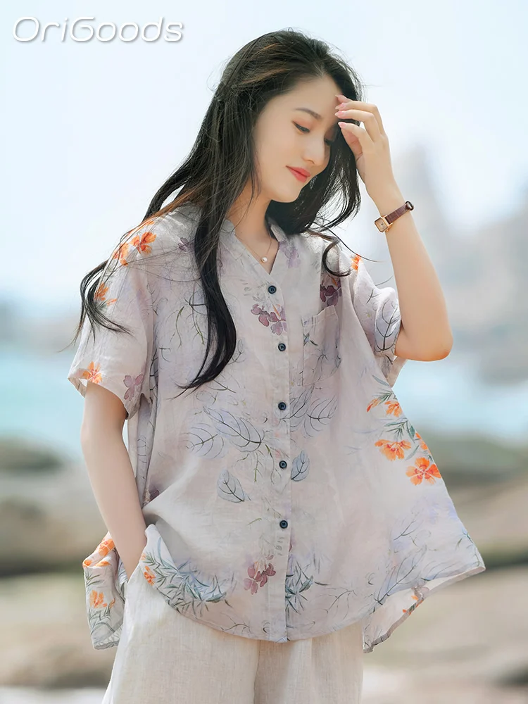

OriGoods 2023 Summer New Women's Shirt 100% Ramie Flower Print Shirts for Women Korean Style Thin Cool Cute Blouse Tops Q056