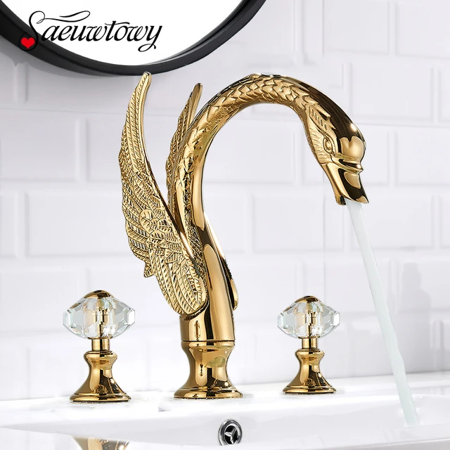 Robinet de salle de bains en forme de cygne doré, robinet de baignoire, deux  poignées en