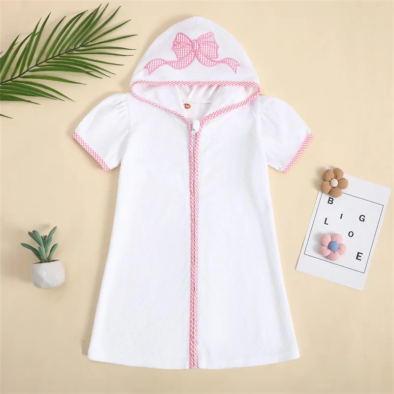 FOCUSNORM 4 Colors Kids Swim Coverups Bow/Elephant Embroidery Short Sleeve Hooded Robe Zip-Up Beachwear