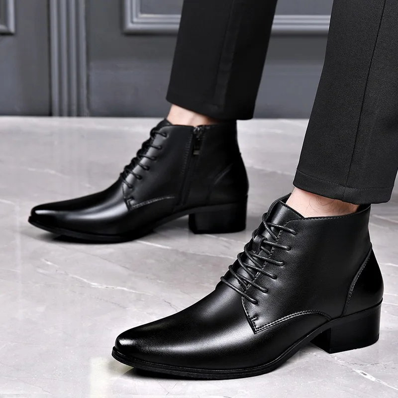 Men's High-top Casual Boot Pointed Tip Business Leather Boots for Men Plush Warm Winter Lace Up Ankle Botas men leather boots business mens boots