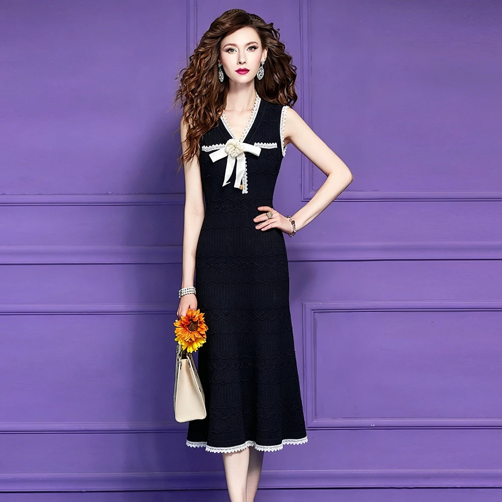 ZJYT Elegant Women's Summer Knitted Dress 2026 New Designer V Neck Floral Sleeveless Long Maxi Dresses for Party Evening White 4