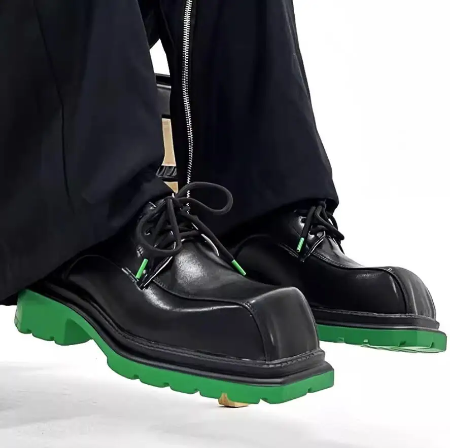 

England Style Men's Big Square Toe Green Thick Sole Casual Shoes Male Lace-up Low Heels Mixed Color Spring Summer Footwear 2023