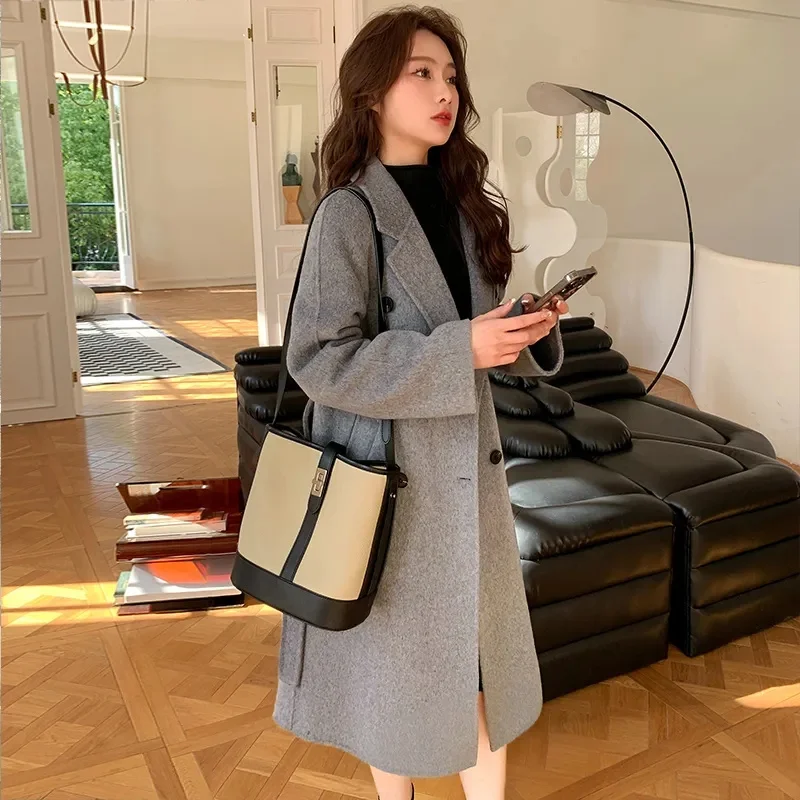 High-grade Grey Double-Sided Cashmere Wool Coat For Women 2023 Korean Version Spring and Autumn New Lace-up Woolen Female Coat