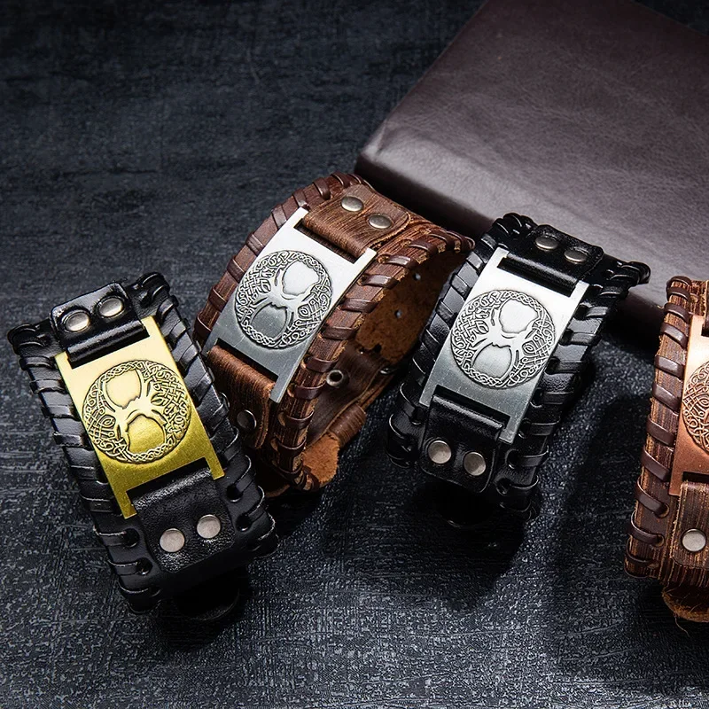 

Vintage Viking Men's Bracelet Life Tree Metal Bracelet Totem Woven Leather Bracelet Wide Leather Bracelet Punk Charm Ornament