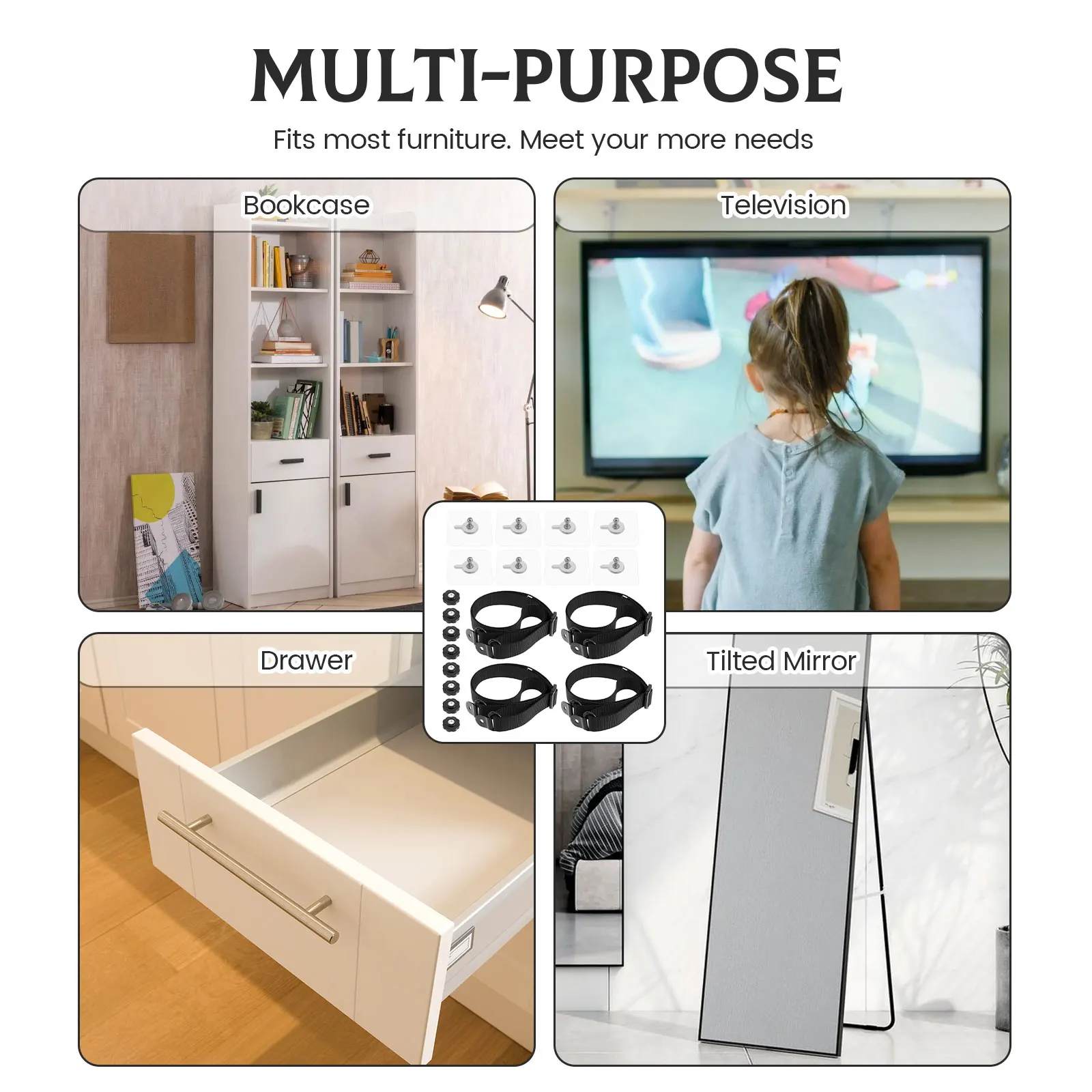 8PCS/4PCS Adjustable 5-35inch TV Safety Straps No-Drill Adhesive Anti-Tip Furniture Wall Anchors for Baby Proofing Cabinet Stand