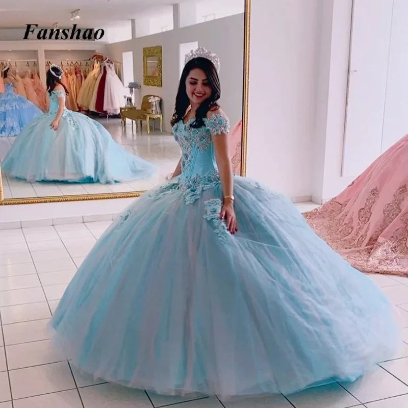 

Fanshao Ball Gown Dresses for Girls 15 to 16 Saudi Arabric Tulle Boat Neck Appliques Floral Print Quinceanera Drop Shipping