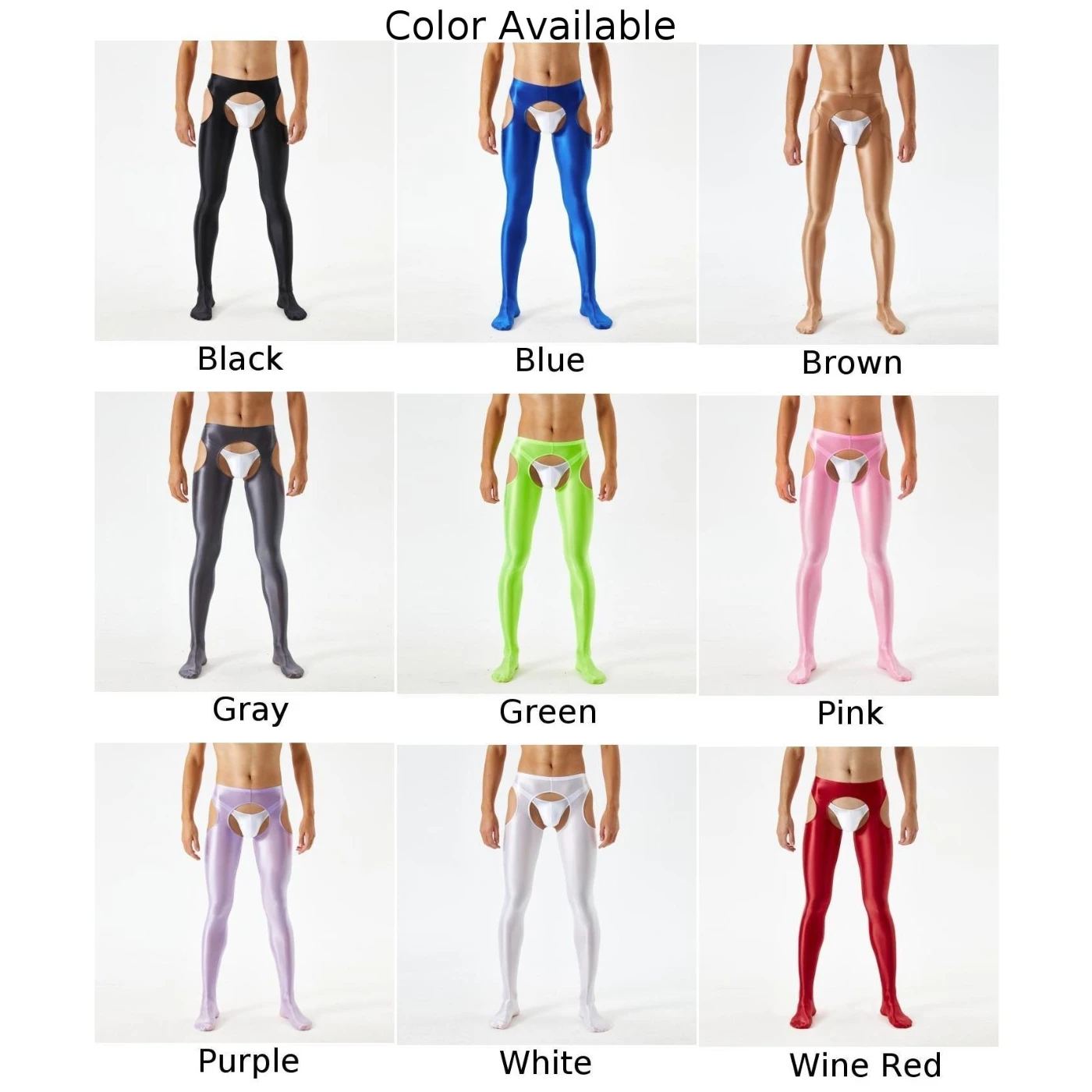 Men Women Sexy Sheer Oil Shiny Glossy Tights Leggings 4 Side Cutout Jumpsuit Crotchless Exposed Cock Open Butt Pantyhose Wetlook
