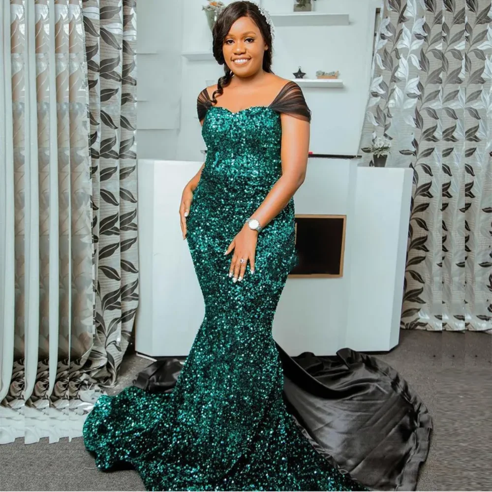 

New Green Sequined Black Satin Mermaid Evening Dresses Off Shoulder Backless Celebrity Formal Gowns Plus Size Prom Dress E10040